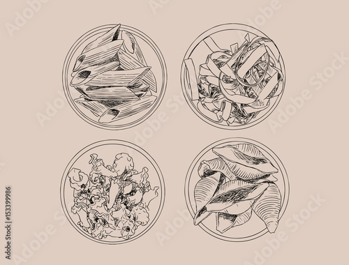 collection of home made pasta sketch vector.