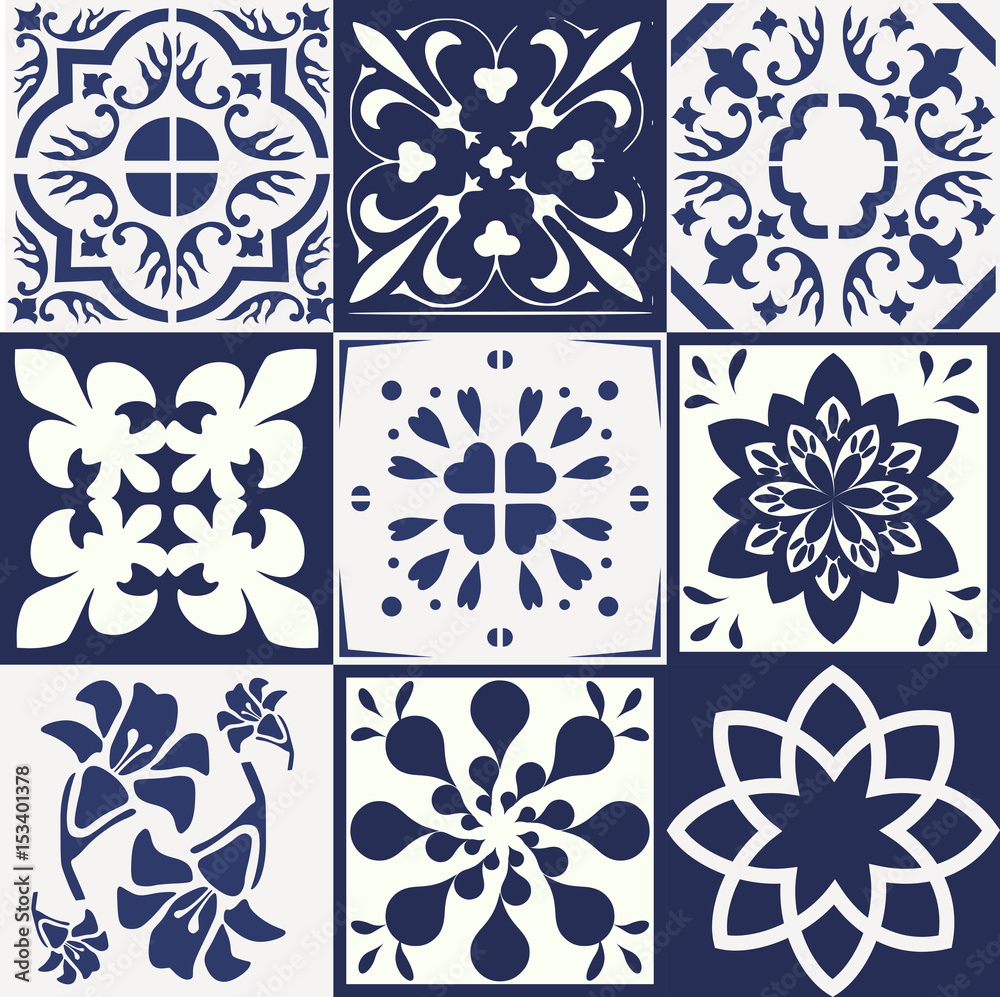 Blue Portuguese tiles pattern - Azulejos vector, fashion interior design tiles Blue Portuguese tiles pattern - Azulejos vector, fashion interior design tiles