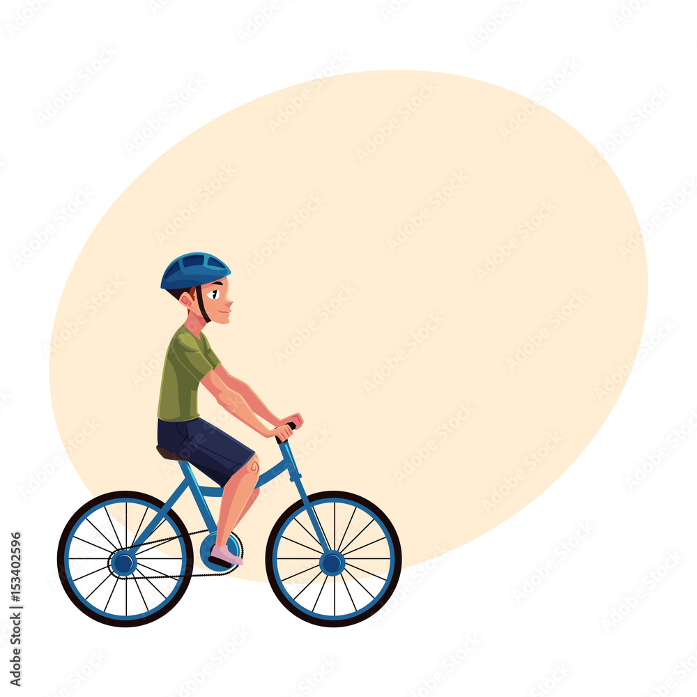 Fototapeta premium Bicycle, cycle, bike rider, cyclist wearing helmet, side vew, personal transport concept, cartoon vector illustration with space for text. Man riding bicycle wearing helmet, healthy lifestyle