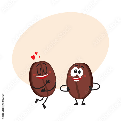 Two funny coffee bean characters, one showing love, another arms akimbo, cartoon vector illustration with space for text. Two coffee bean characters, mascots, design elements