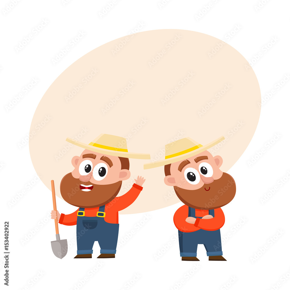Two funny farmer, gardener characters in straw hat and overalls, holding  shovel, arms crossed on breast, cartoon vector illustration with space for  text. Couple of comic farmer characters Stock Vector | Adobe