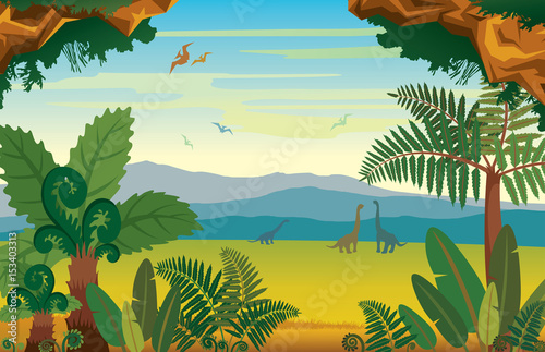 Prehistoric landscape with dinosaurs, mountains and plants.