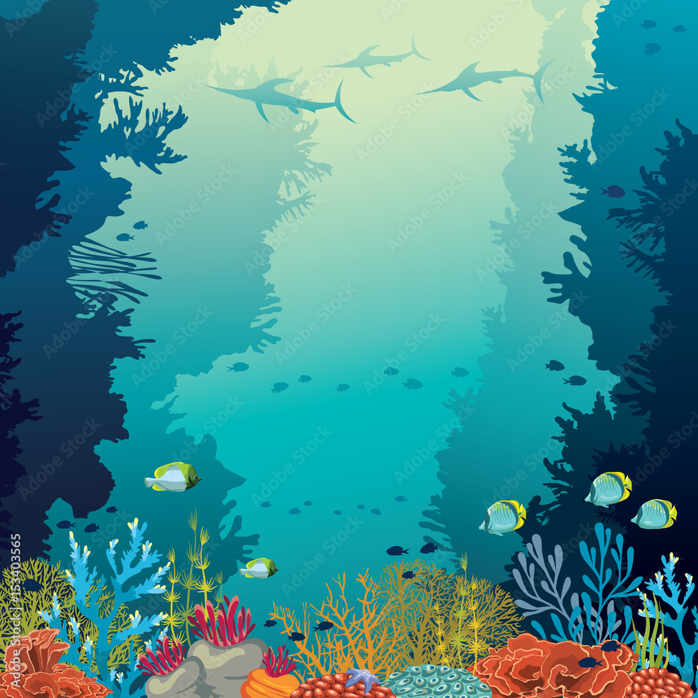 Underwater coral reef, marlines and sea. Stock Vector | Adobe Stock