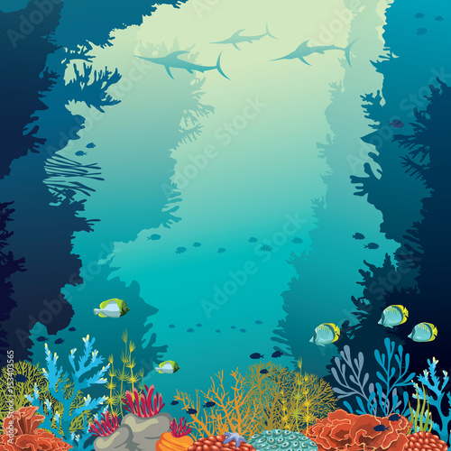 Underwater coral reef, marlines and sea.