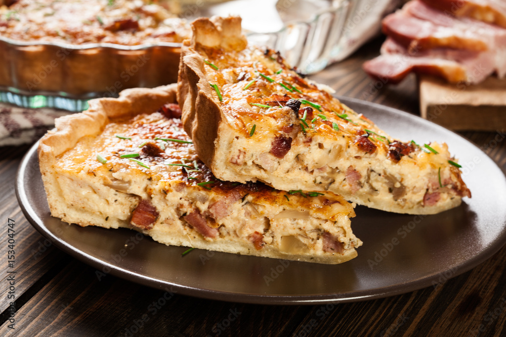 Pieces of quiche lorraine with bacon and cheese Pieces of quiche lorraine with bacon and cheese
