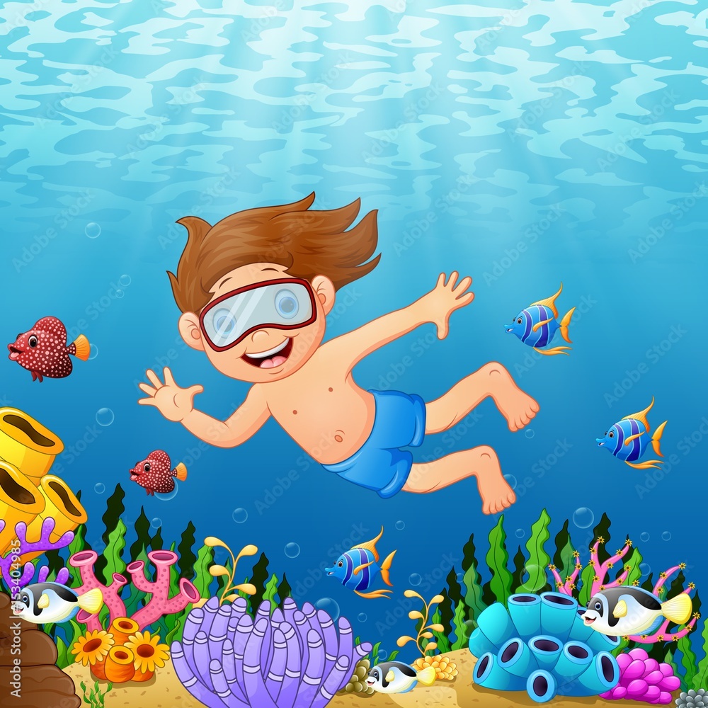 Cartoon boy swimming in the sea with fish Stock Vector Adobe Stock