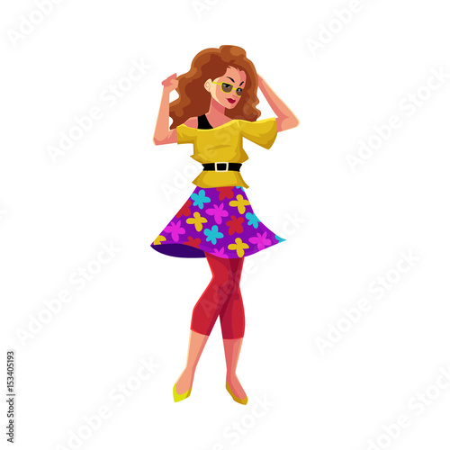 Woman, girl in 1980s style clothes, sweater, skirt and leggings, dancing disco, cartoon vector illustration isolated on white background. Woman in 80s style clothing dancing at retro disco party