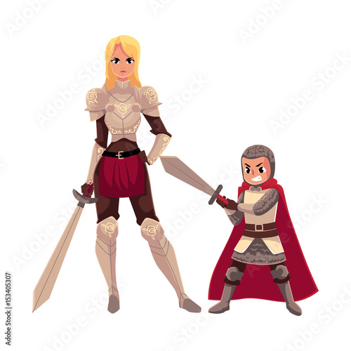 Medieval woman knight in metal suit and her armor bearer, squire, cartoon vector illustration isolated on white background. Full length portrait of medieval heavy armored knight girl and armor bearer