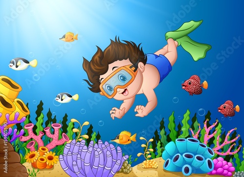 Cartoon boy diving in the sea 