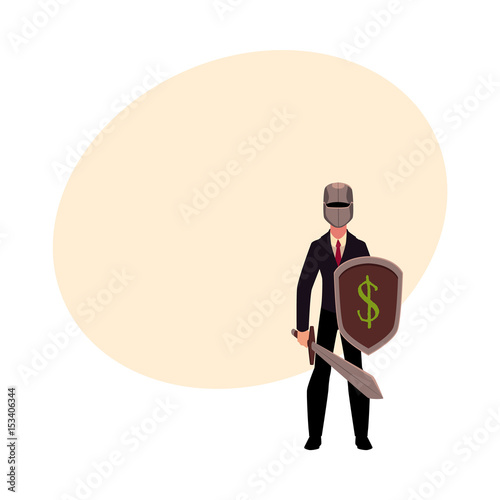 Businessman as a knight in metal helmet holding sword and shield, cartoon vector illustration with space for text. Modern knight in business suit and helmet armed with sword and shield