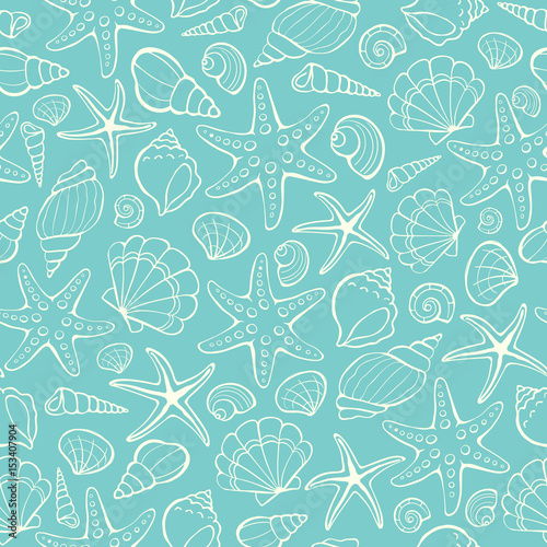 Seamless background from hand drawn sea shells and stars. Marine illustration of shellfish.