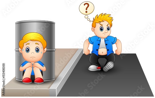A frightened kid hiding behind a barrel Because disturbed naughty child