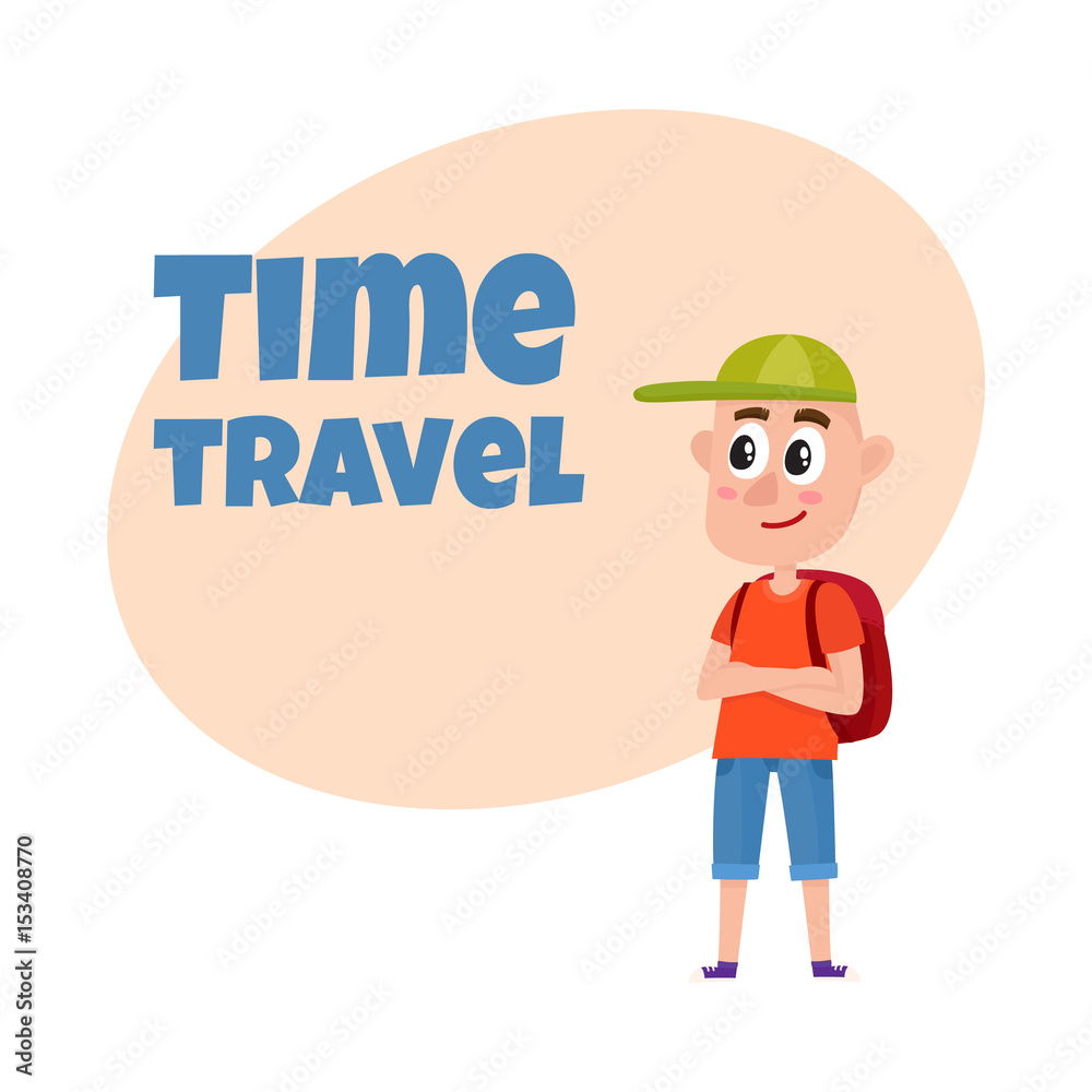 Travel time poster, banner, postcard design with teenage boy tourist with backpack wearing shorts and baseball cap, cartoon vector illustration. Full length portrait of boy, traveling on vacation Travel time poster, banner, postcard design with teenage boy tourist with backpack wearing shorts and baseball cap, cartoon vector illustration. Full length portrait of boy, traveling on vacation