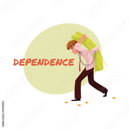 Financial dependence poster, banner template with man carrying bundle of money on his back, cartoon vector illustration. Man carrying heavy bundle of money, financial burden, dependence banner, poster