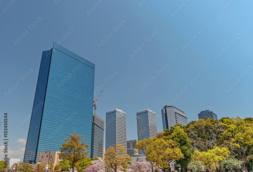 大阪城公園とオフィスビル群の風景