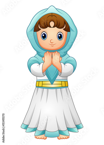 Muslim girl praying with wearing blue veil isolated on white background