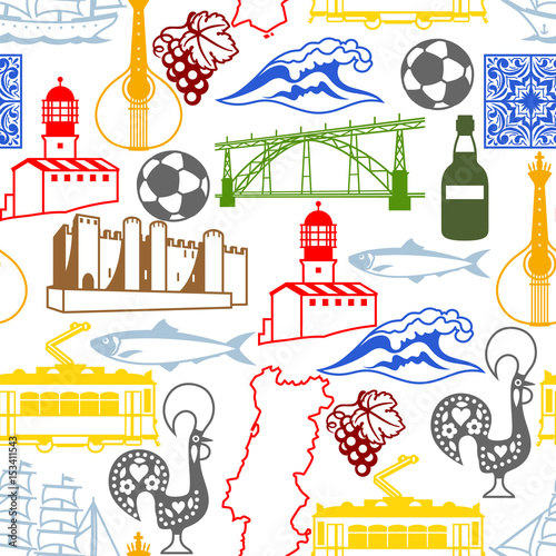 Portugal seamless pattern. Portuguese national traditional symbols and objects