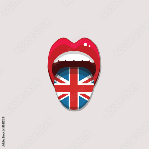 Learning languages concept. Learning English language. Open mouth with flag of England. English language tongue open mouth with flag of Great Britain. Vector illustration. EPS 10.