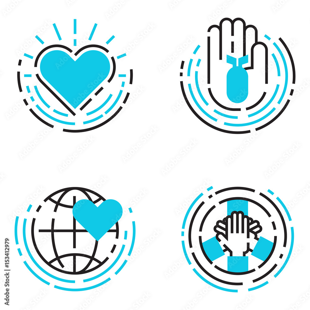 Obraz premium Peace outline blue icons love world freedom international free care hope symbols vector illustration