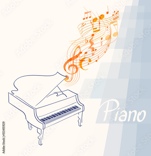 piano drawing with musical notes, clef and lines on abstract background. vector illustration