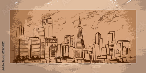City and County of San Francisco, California, USA, hand drawn sketch in sepia