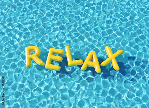 Relax yellow text floating in a swimming pool. 3D Rendering