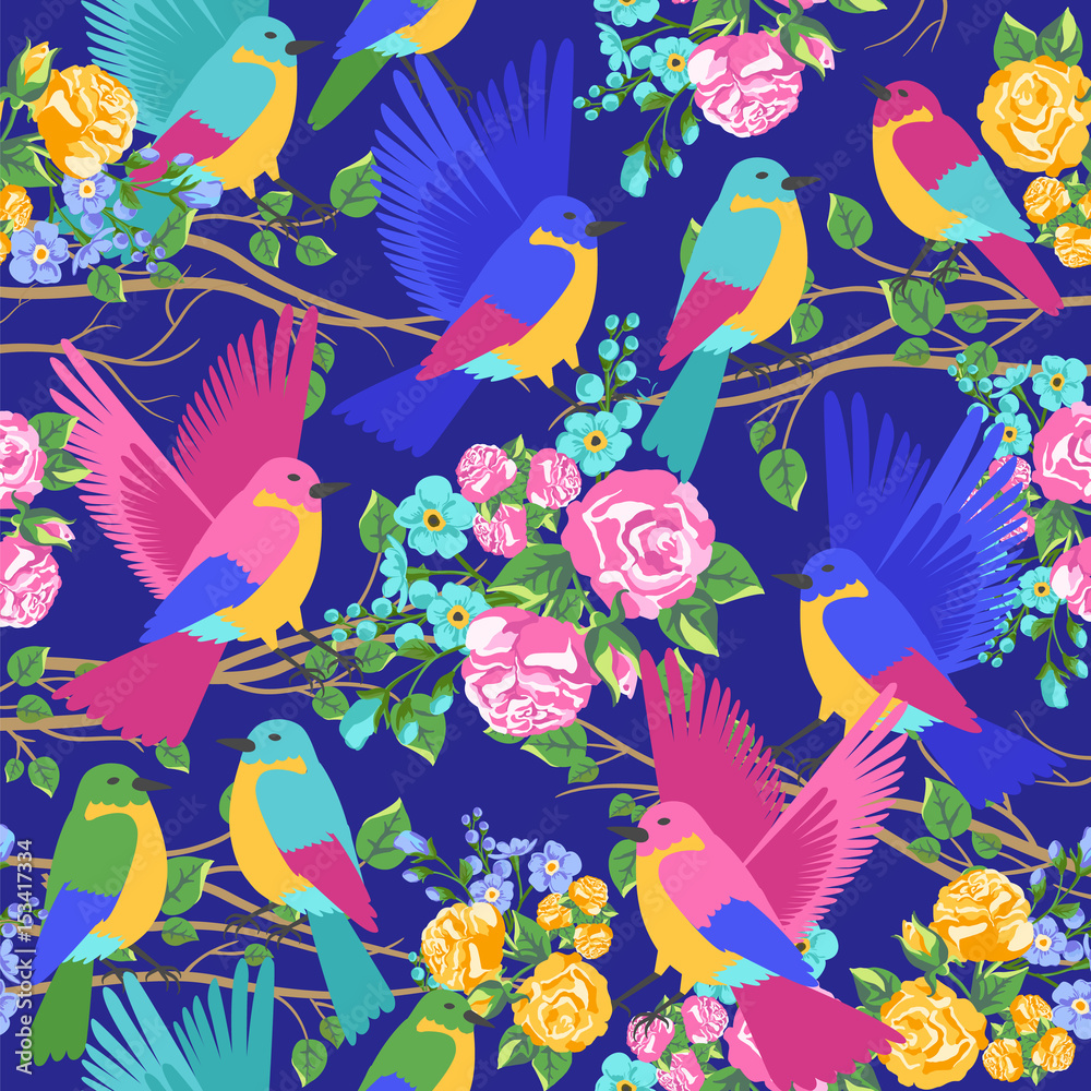 Plakat Exotic birds in flowers pattern. Vector illustration