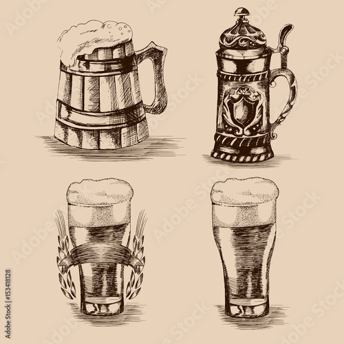 Beer set. Sketch elements for oktoberfest festival. Retro hand drawn vector illustration