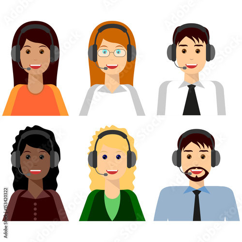 6 characters, Call center agents flat avatars. Live chat operators, guys and girls smiling faces. Online customer support service assistants with headphones. 