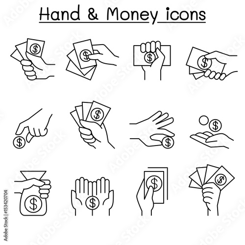 Money & Hand, investment, asset, money, cash, profit, interest, finance icons set in thin line style