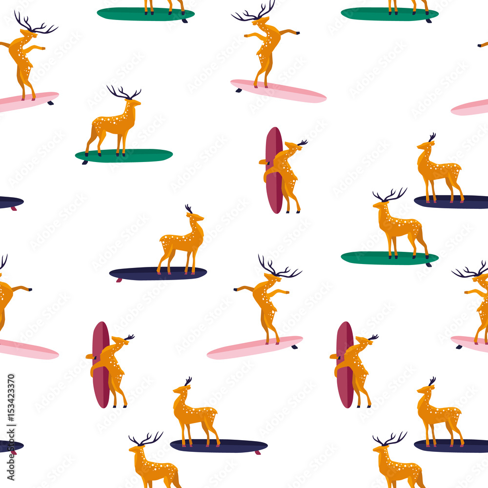 Fototapeta premium Summer seamless pattern. Funny cartoon deers on surfboard. Flat style illustration. Summer beach surfing illustration.