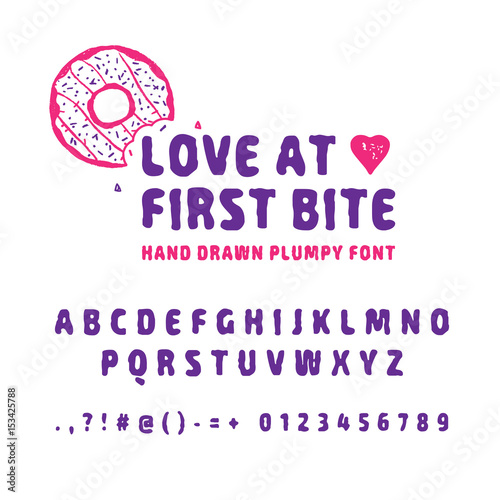 Hand drawn plump donut font. Latin alphabet vector letters, numbers, and signs. Glazed donut vector illustration.