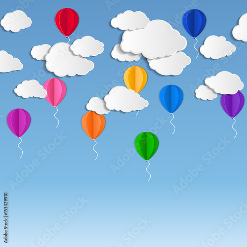 illustration with paper clouds and colored balloons