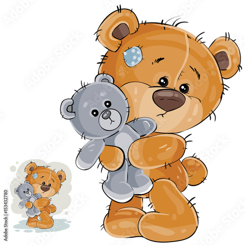 Vector illustration of a brown teddy bear hugging his soft toy and missing someone. Print, template, design element