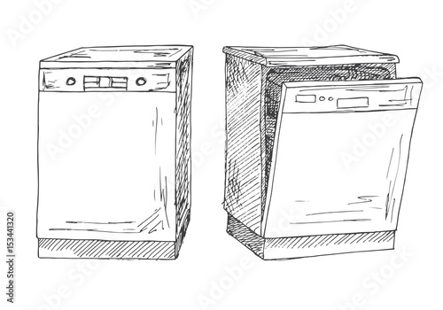 Dishwasher isolated on white background. Vector illustration of a sketch style.