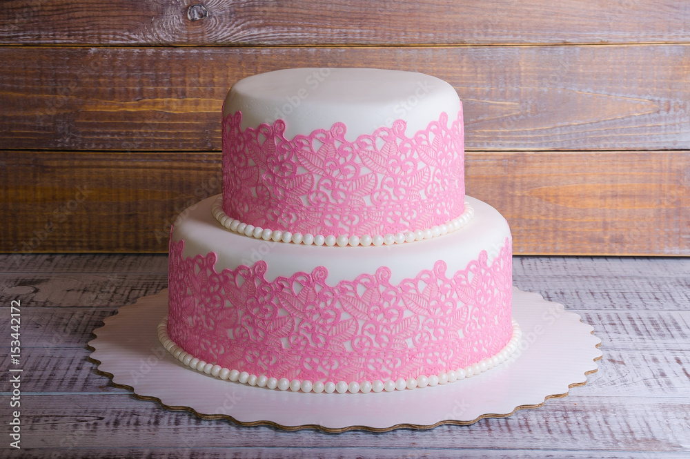 two-tier fondant wedding lace cake with bear and bunny