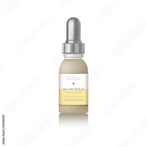 Realistic essential oil beige bottle with design label
