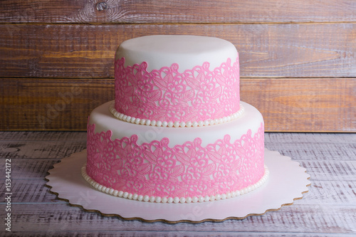 two-tier fondant wedding lace cake with bear and bunny