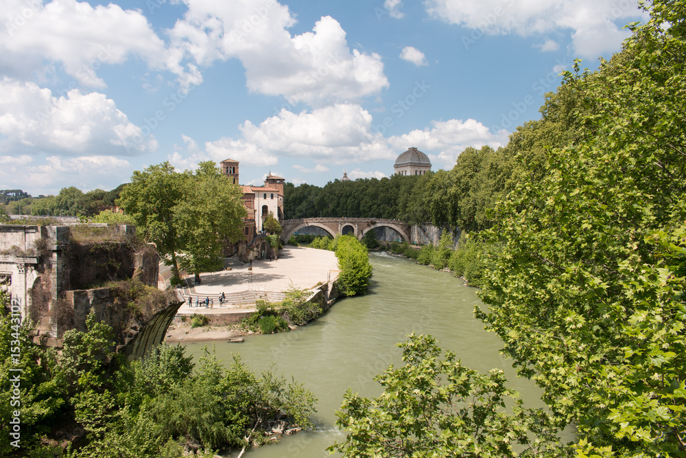 View at island Tibertina in river Tiber in Rome