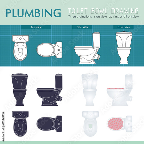 Toilet bowl silhouette. Front, side and top view.