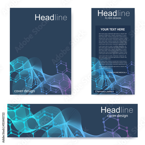 Set flyer, brochure size A4 template,banner. Molecular structure with connected lines and dots. Scientific pattern atom DNA with elements for magazine, leaflet, cover, poster design.