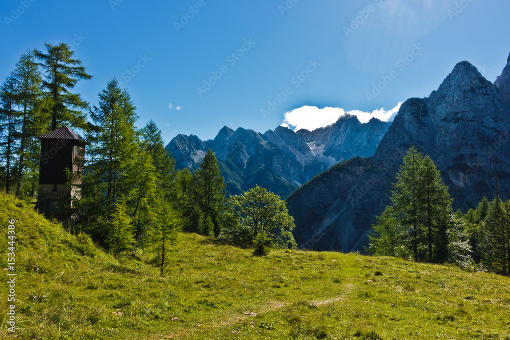 Mountain peaks of slovenian Alps at sunny morning near Vrsic mountain pass in Triglav national park, Slovenia