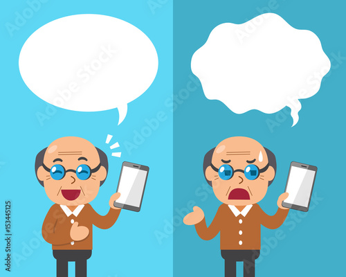 Cartoon senior man with smartphone expressing different emotions with speech bubbles