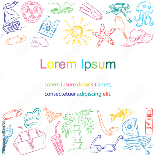 Hand Drawn Colorful Summer Vacancies Symbols.Template with Doodle Boats, Ice cream, Palms, Hat, Umbrella, Jellyfish, Cocktail, Sun with Place for Text in the Center. Vector Illustration.