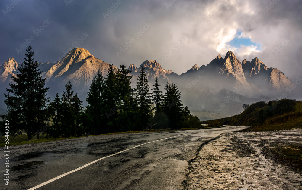 road to High Tatra Mountain Ridge in stormy weather
