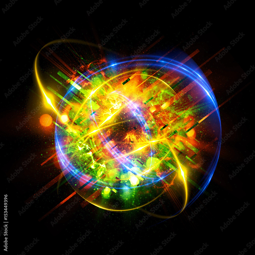 Obraz premium Light corrupted ring on dark background. Glowing energy ball. Glitch Texture. 3D chaos forms. Digital image data distortion effect. Explosion shape