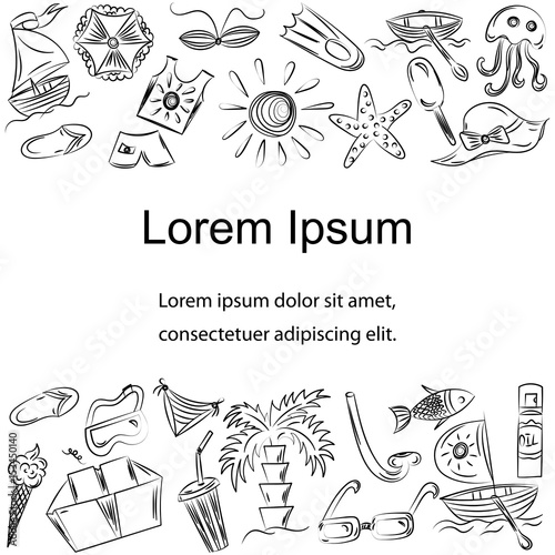 Hand Drawn Summer Vacancies Symbols.Template with Doodle Boats, Ice cream, Palms, Hat, Umbrella, Jellyfish, Cocktail, Sun with Place for Text in the Center. Vector Illustration.