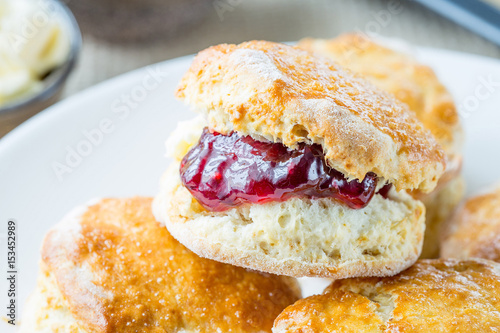 Breakfast, Traditional English Afternoon Tea, Scones with Clotted Cream and Strawberry Jam, Selective Focus