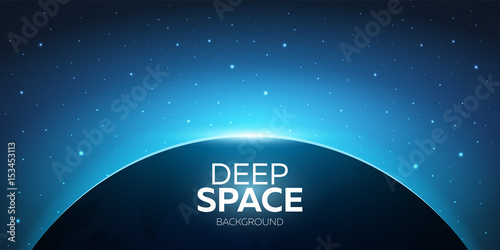 Planet earth and sunrice in space. Starry sky. Vector illustration.