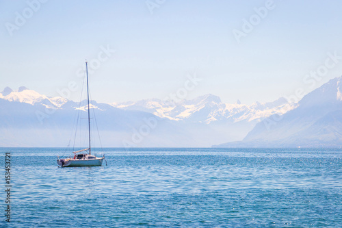 Nature, Amazing View of Lake Geneva with One Boat, Lausanne, Switzerland, Horizontal View